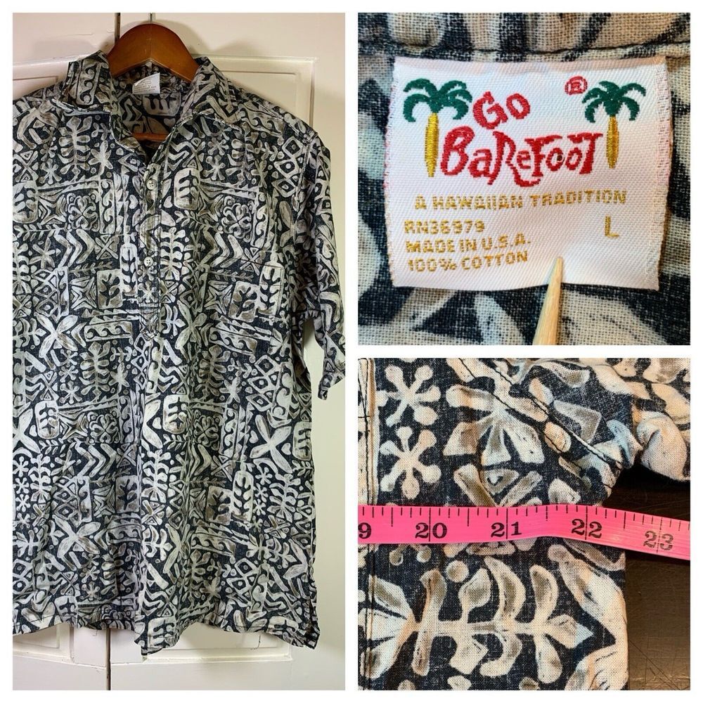 Go Barefoot Vintage Hawaiian‎ Aloha Shirt Mens Large Made USA Tribal Tattoo Art